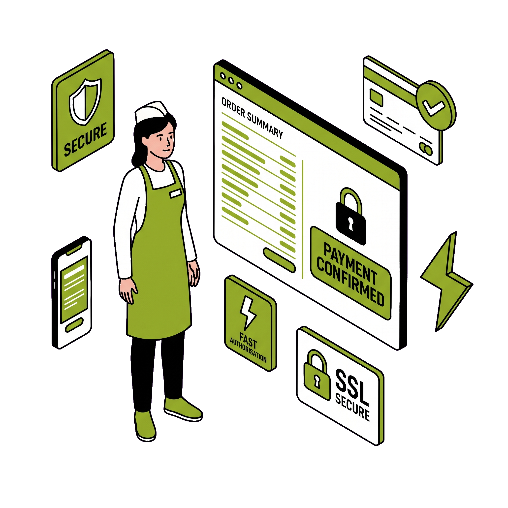 Fast, secure checkout with SSL encryption, mobile-friendly design and fast payment authorisation