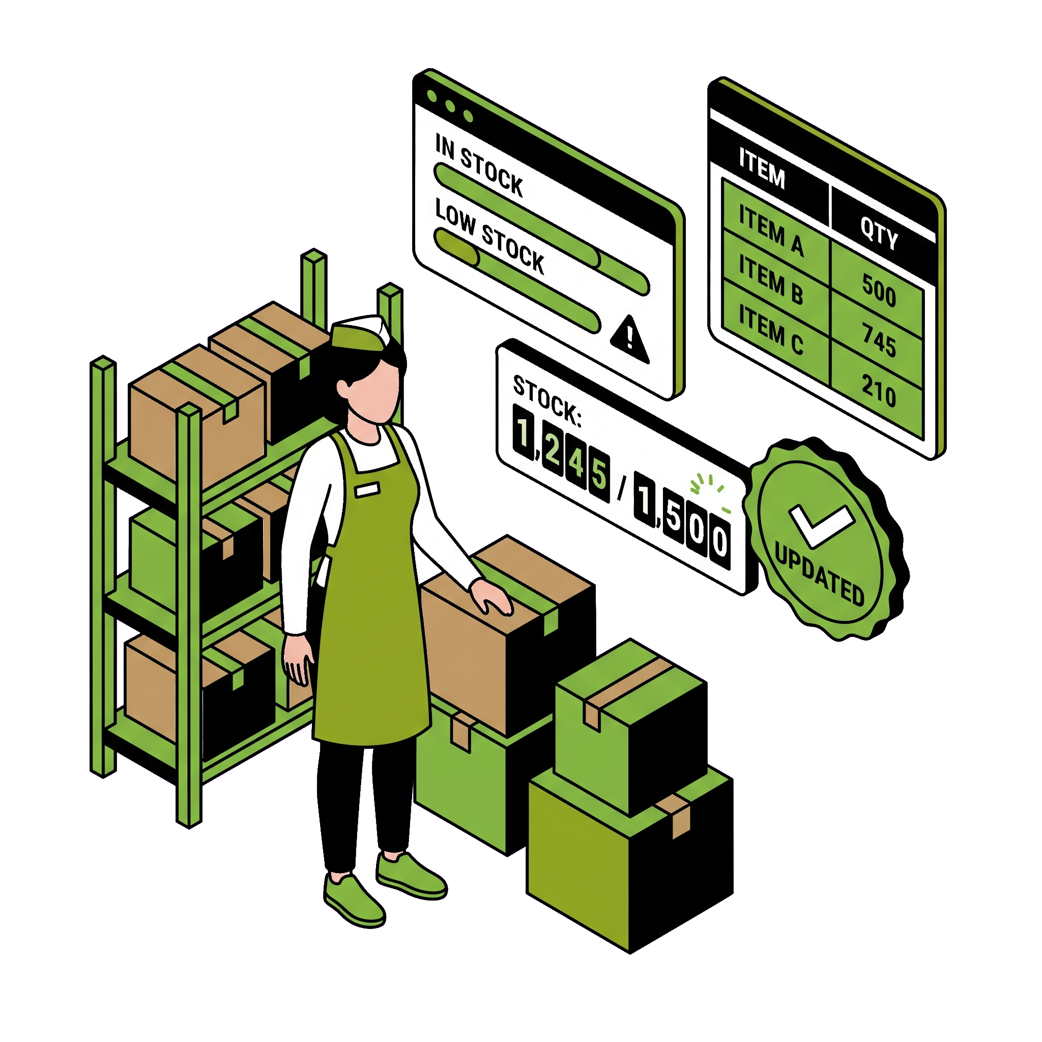 Inventory management with real-time stock tracking and low stock monitoring