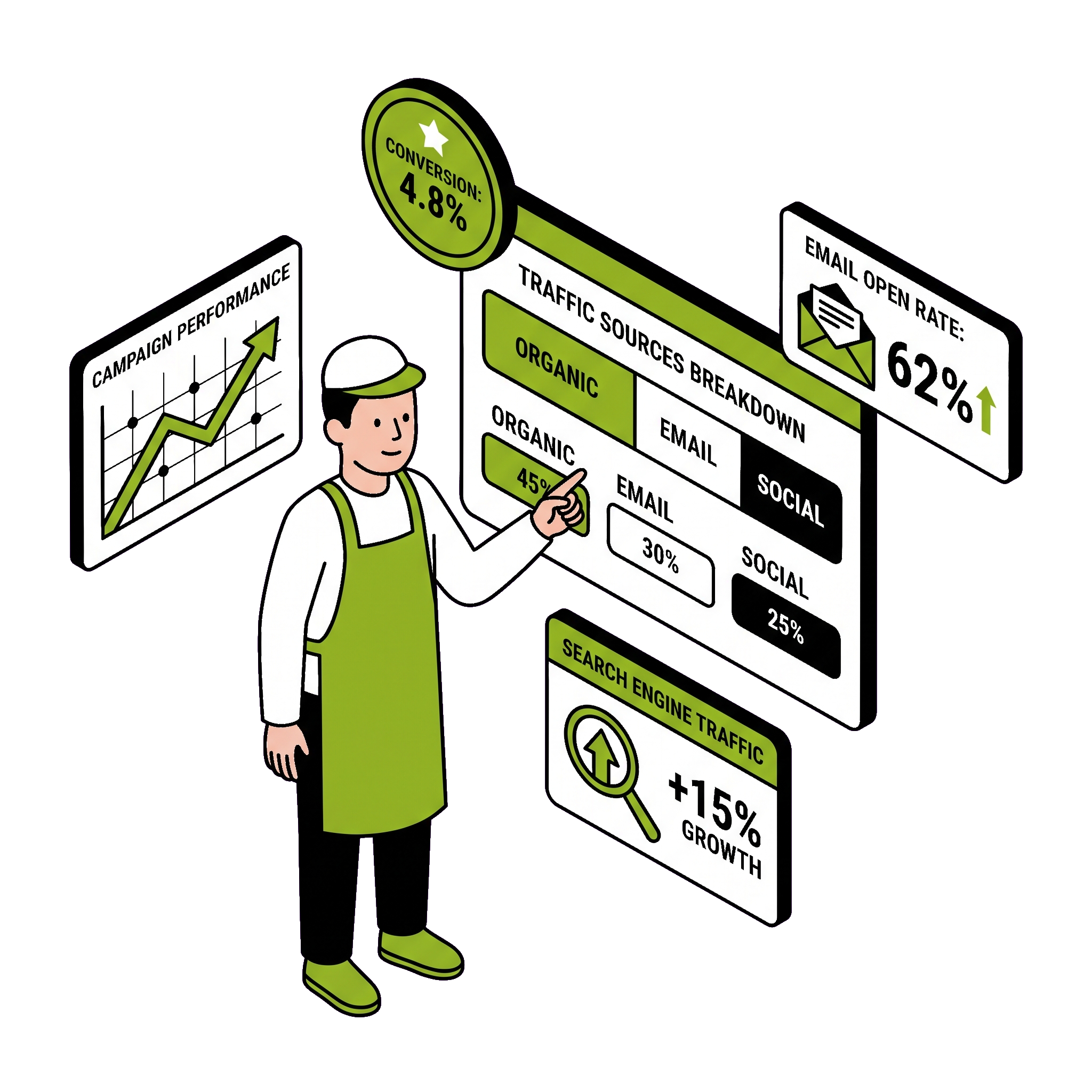 Marketing performance analytics showing traffic sources, campaign results and conversion tracking