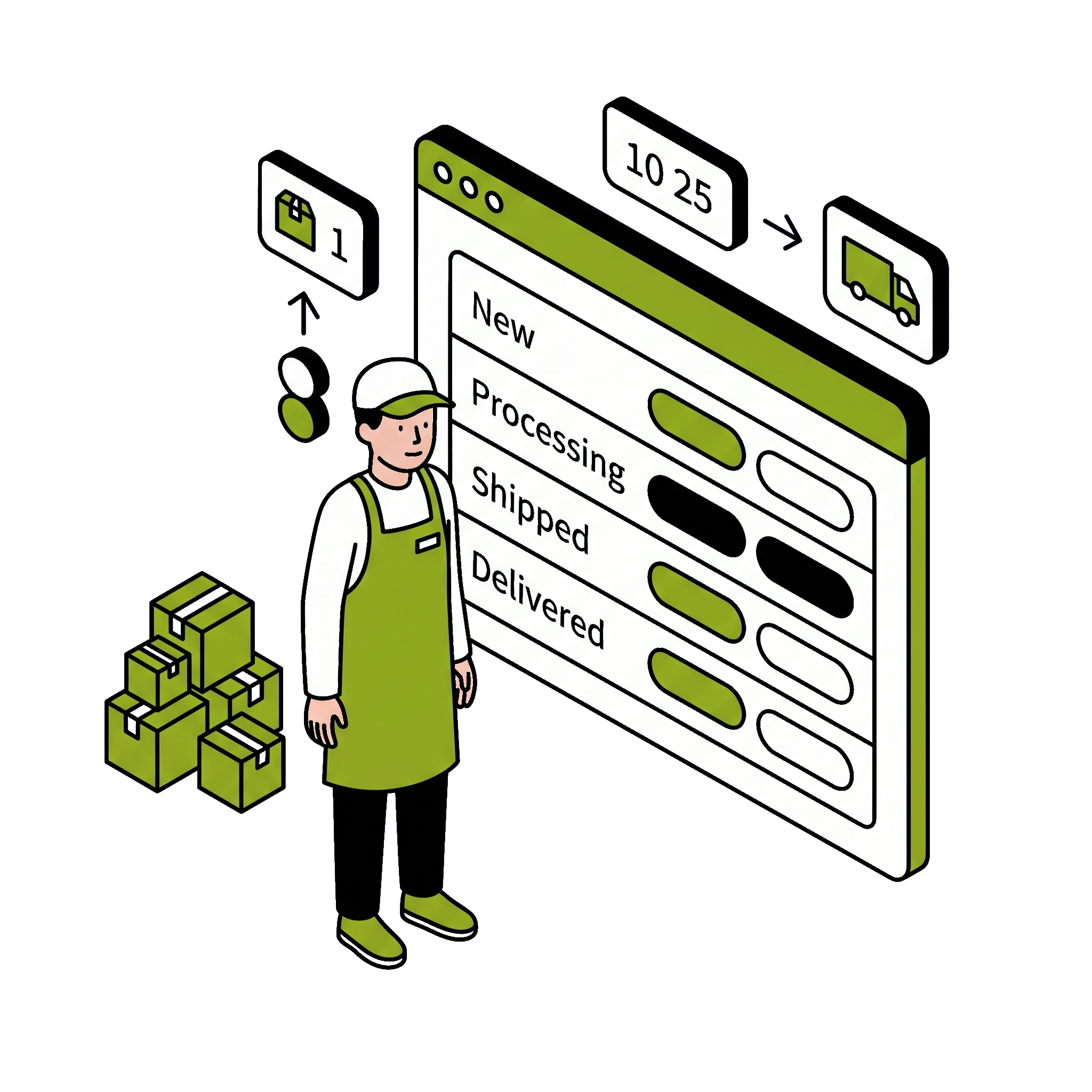 Order management dashboard showing new, paid, shipped and delivered orders at a glance