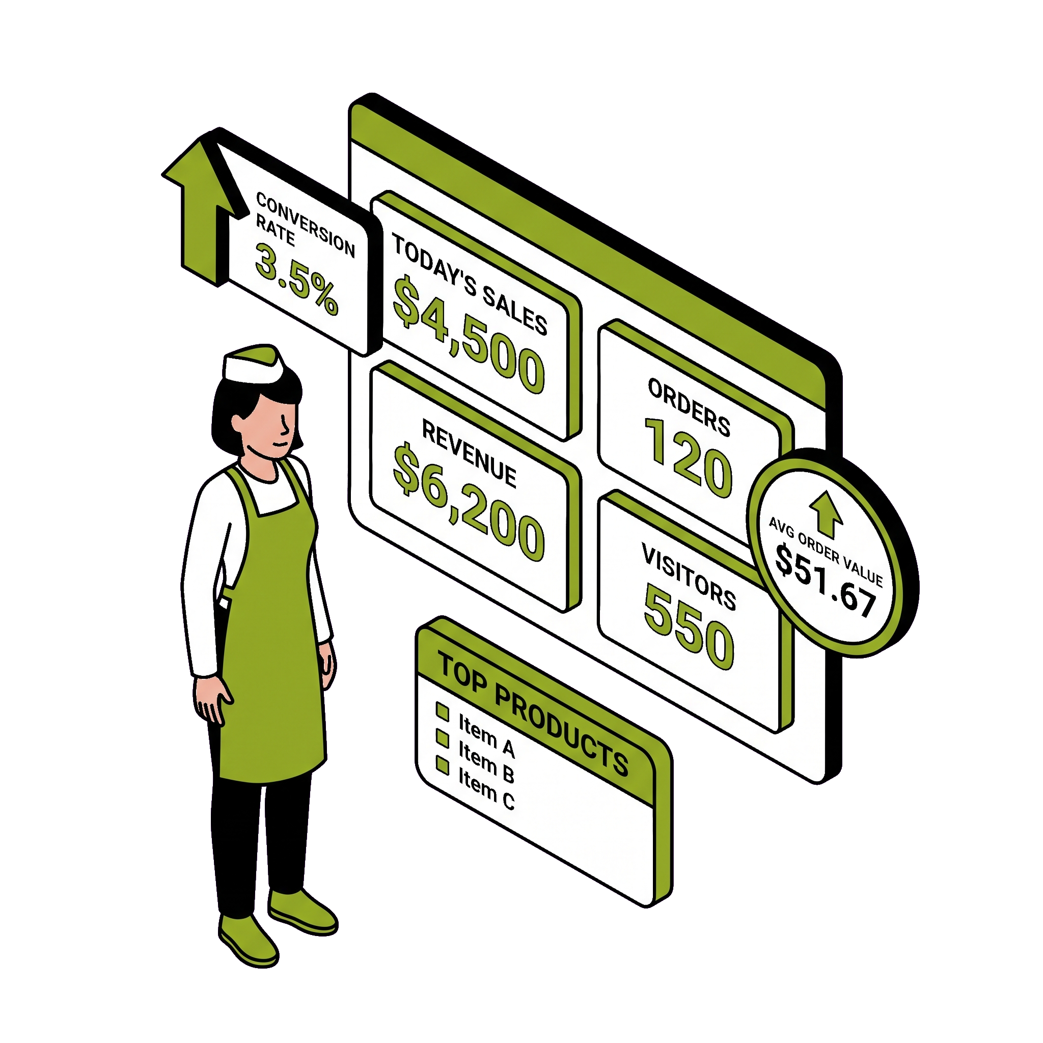 Business analytics dashboard showing sales, orders, revenue, visitors and conversion rate at a glance
